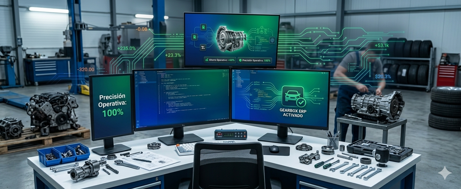 Equipo trabajando con GearSoft en un taller